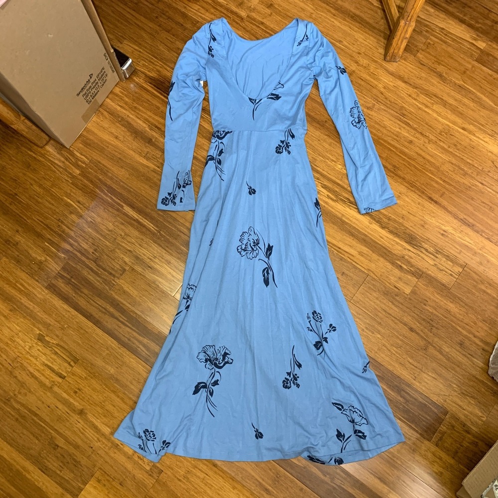 Free People Love and Be Loved Blue Floral Print Long Sleeve Maxi Dress Slit NWT - Picture 5 of 11
